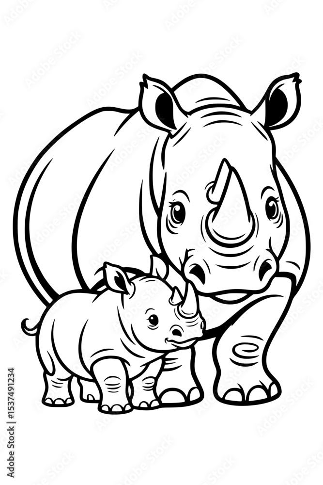 Fototapeta premium a rhino mother with her baby Coloring page generative AI