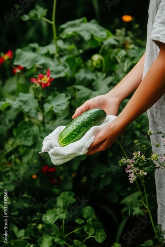 Freshly Picked Cucumber Held by Gardener in Vibrant Greenery During Summer Ha...