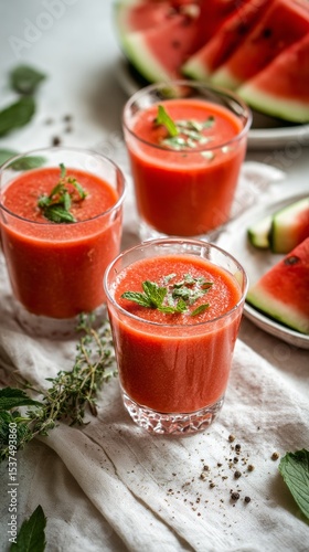 Refreshing Summer Watermelon Drinks With Mint on a Light Table