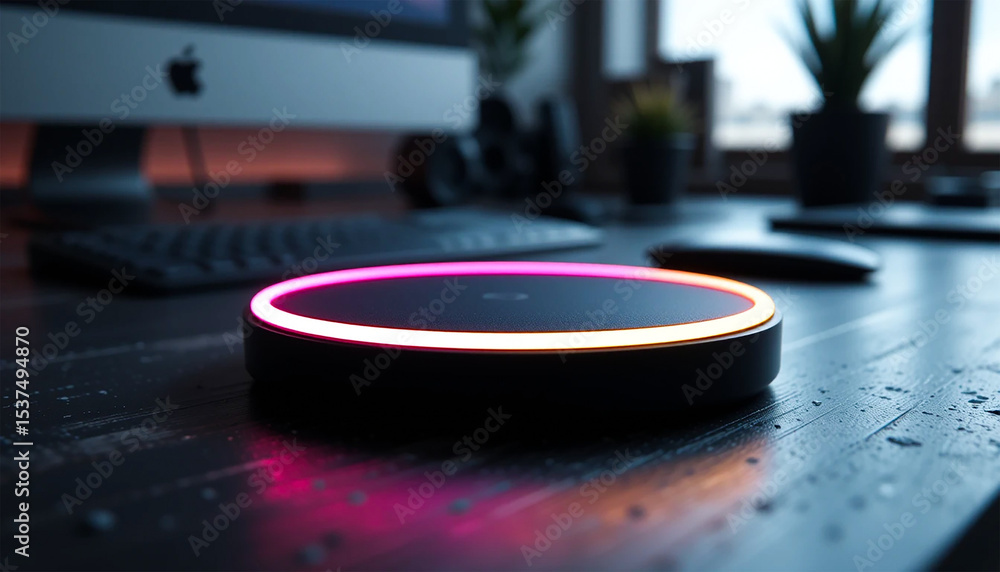 Obraz premium Sleek Wireless Charger with Ambient Pink and Orange Lighting on a Dark Desk Modern Technology Device Desktop Accessories