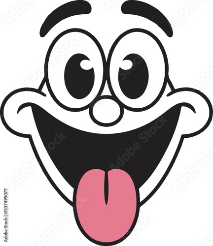 Cartoon Face Happy Expression Big Smile Pink Tongue Black Outline