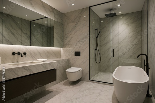Luxury hi-tech bathroom with marble finishes and a glass shower cabin