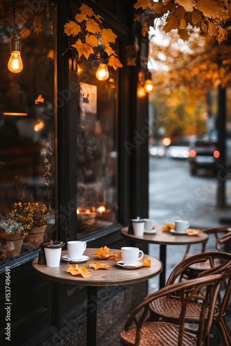 Cozy Outdoor Cafe on a Rainy Autumn Day With Warm Light and Charming Decor