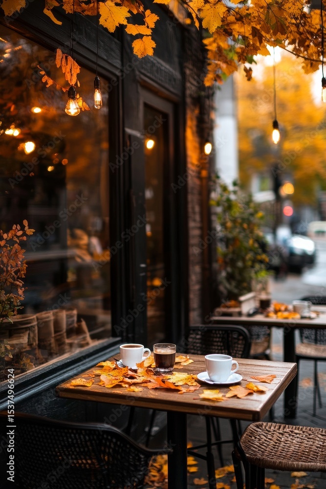 Fototapeta premium Cozy Cafe Terrace With Autumn Leaves and Coffee Cups During Evening Hours.