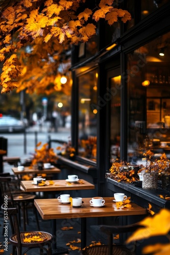Cozy Cafe Terrace With Autumn Leaves and Coffee Cups During Evening Hours