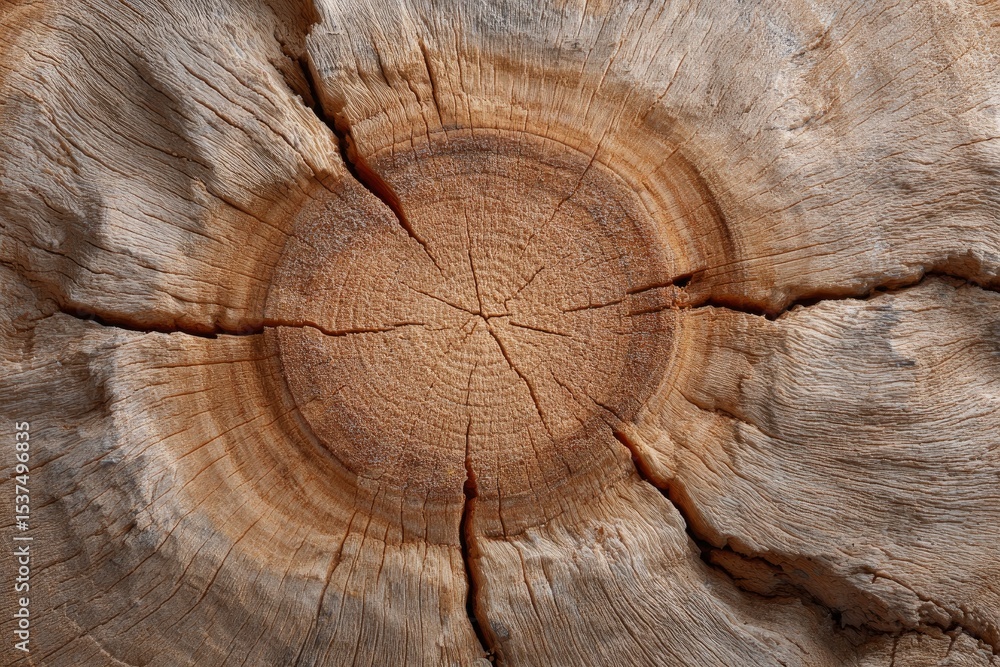 Naklejka premium Cut tree trunk revealing growth rings featuring deep cracks across its surface
