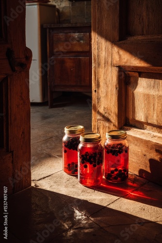 Sunlight Streaming Through a Door Highlighting Jars With Colorful Liquid on t...