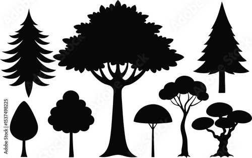 Black silhouettes of various trees and conifers isolated on white