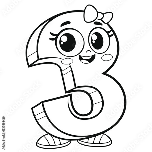 Adorable Cartoon Number Three Character Free Coloring Page