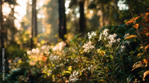 Flowers Bloom in Serene Forest With Soft Sunlight Shining Through Trees at Dusk