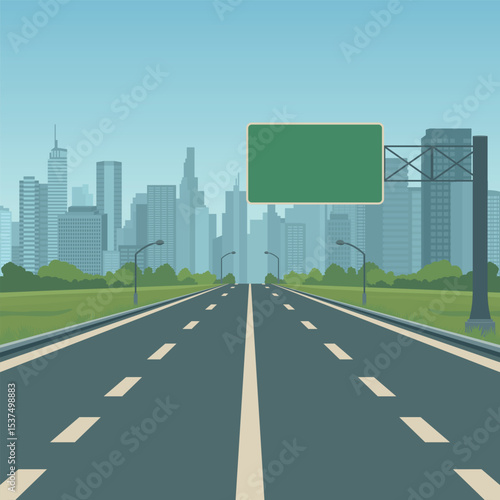 Highway Road Vector Background. Empty Highway Road Vector Illustration with Green Road Sign, Street Lights, Blue Sky. Highway Road Vector for Transportation, Travel, Cityscape, Journey, Poster, Banner