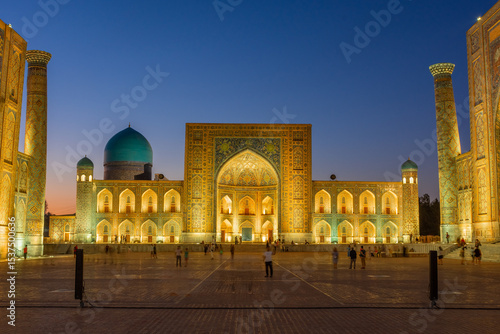 The Registan square Madrasa at night, Samarkand, Uzbekistan,