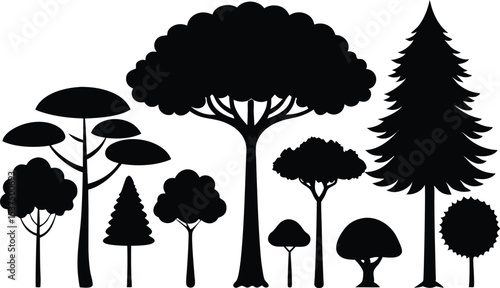 Collection of black silhouettes various trees and conifers
