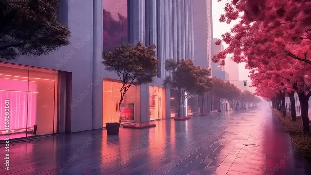 Enchanting urban promenade with pink blossoms reflecting on wet city ...