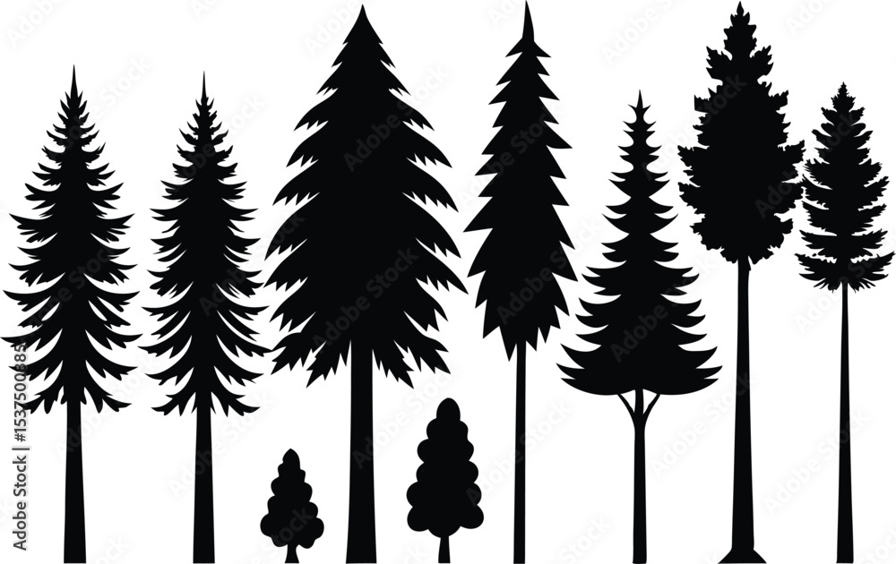 Fototapeta premium Collection of silhouettes of evergreen trees of varying sizes