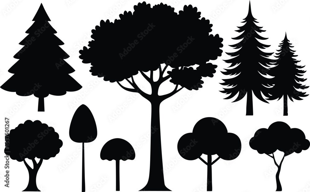 Fototapeta premium Collection of black silhouettes various trees nature forest