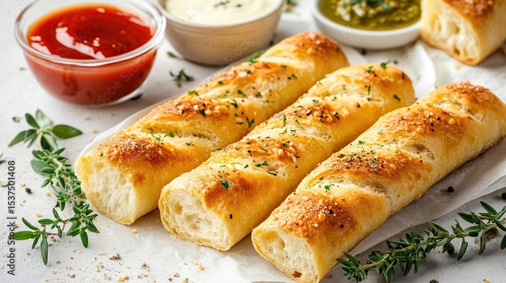 Three golden-brown, breadstick-like appetizers, sprinkled with herbs and seasoning, rest on parchment paper alongside small bowls of ketchup, mayonnaise-based sauce, and pesto Three golden-brown, breadstick-like appetizers, sprinkled with herbs and seasoning, rest on parchment paper alongside small bowls of ketchup, mayonnaise-based sauce, and pesto