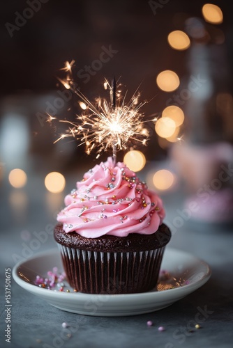 Delicious Chocolate Cupcake With Pink Frosting and Sparkler at a Celebration