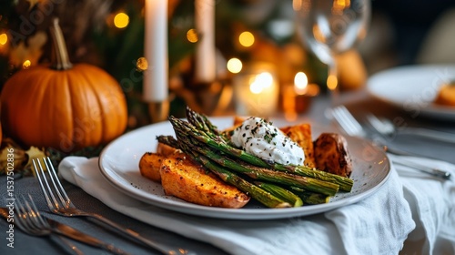 Dinner With Roasted Vegetables and Creamy Sauce at a Cozy Autumn Gathering