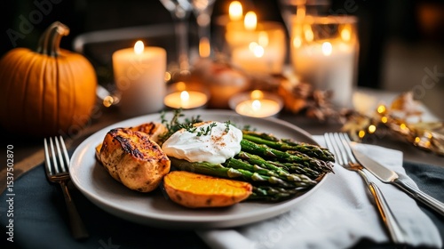 Dinner With Roasted Vegetables and Creamy Sauce at a Cozy Autumn Gathering.