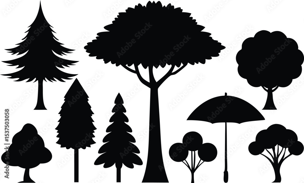 Fototapeta premium Collection of black silhouettes various trees and umbrella