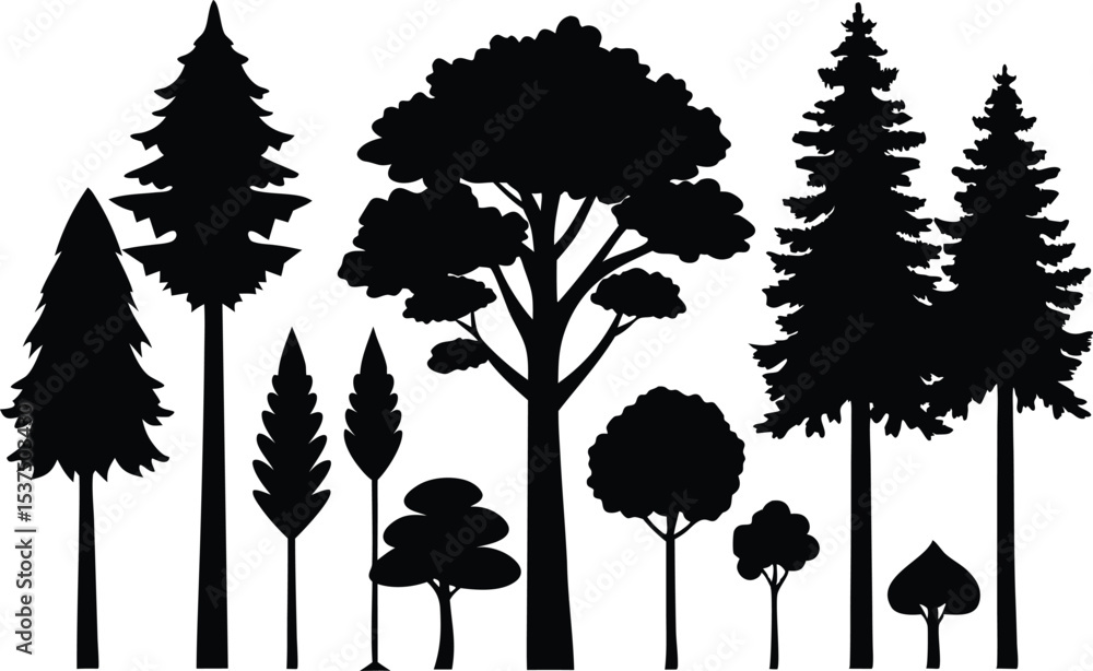 Fototapeta premium Silhouette collection of various trees and conifers