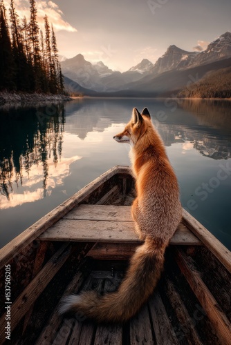 Fox Sitting Peacefully in a Boat Overlooking a Serene Mountain Lake at Sunset