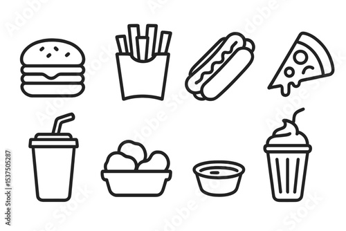 Fast Food Icons. Line style icons of fast food items: hamburger, french fries, hot dog, pizza slice. soda cup, nuggets, dipping