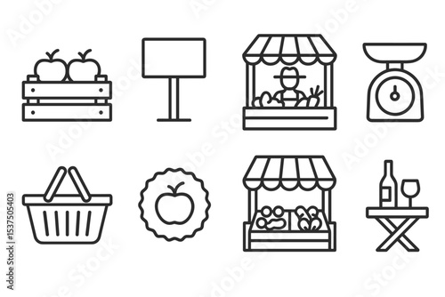 Food Market Icons. Line style icons of food market: apple crate, price sign, farmer tent, produce scale. shopping basket, local