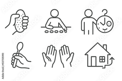 Occupational Therapy Icons. Line style icons of occupational therapy: grip training, fine motor task, daily routine icon, dressing