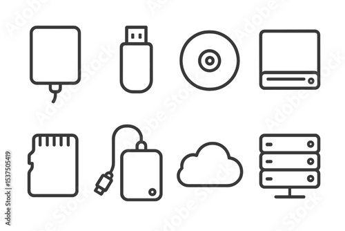 Storage Device Icons. Line style icons of storage devices: external SSD, USB flash drive, DVD disc, Blu-ray drive. memory card,