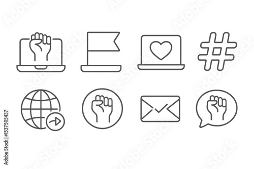 Digital Activism Icons. Line style icons of digital activism: online protest, virtual banner, cause awareness, hashtag icon.