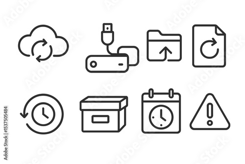 Data Backup Icons. Line style icons of data backup: cloud sync, external drive, backup folder, recovery file. restore point,