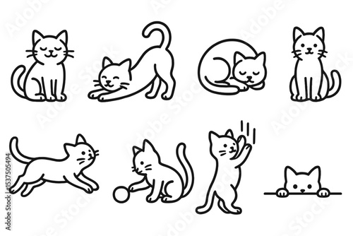 Cat Behavior Icons. Line style icons of cat behavior: purring cat, stretching cat, sleeping cat, sitting cat. jumping cat, playing