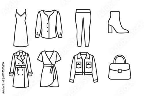 Women's Fashion Icons. Line style icons of women’s fashion: maxi dress, blouse, leggings, ankle boots. trench coat, wrap dress,