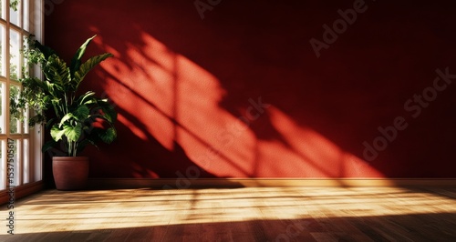 Warm Sunlight Casts Shadows on a Red Wall With a Potted Plant in a Cozy Interior