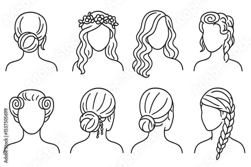 Bridal Hairstyle Icons. Line style icons of bridal and event hairstyles: chignon, floral crown, glamorous waves, pinned curls.