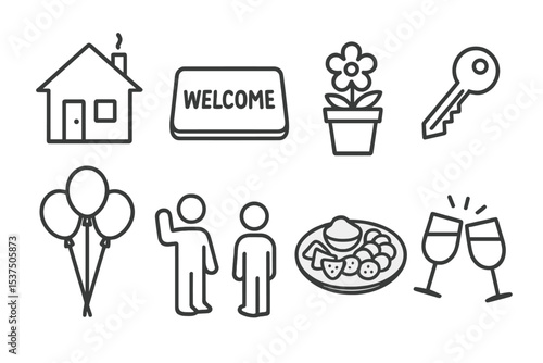 Housewarming Icons. Line style icons of housewarming party: new house, welcome mat, flower pot, key. balloon bunch, guest greeting