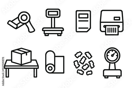 Delivery Packaging Icons. Line style icons of delivery packaging stations: tape dispenser, scale, shipping label, barcode printer.