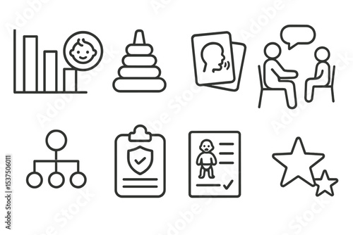 Early Intervention Tools Icons. Line style icons of early intervention tools: development chart, milestone toy, speech cards,