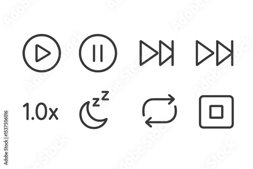 Audiobook Control Icons. Line style icons of audiobook playback controls: play icon, pause button, skip forward, skip back. speed