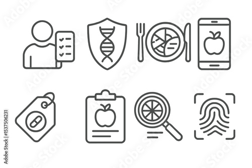Future Food Icons. Line style icons of future food and nutrition: personalized nutrition icon, DNA-based diet badge, genomics