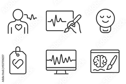 Future Art Icons. Line style icons of future digital art: biofeedback art icon, pulse-reactive canvas, emotional color map, mood