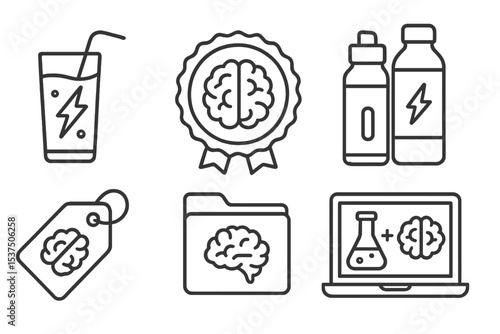 Future Food Icons. Line style icons of future food and nutrition: nootropic drink icon, brain boost badge, mental clarity chart,