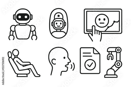 Future Mobility Icons. Line style icons of future mobility: robotic ride assistant icon, onboard AI badge, gesture interface chart
