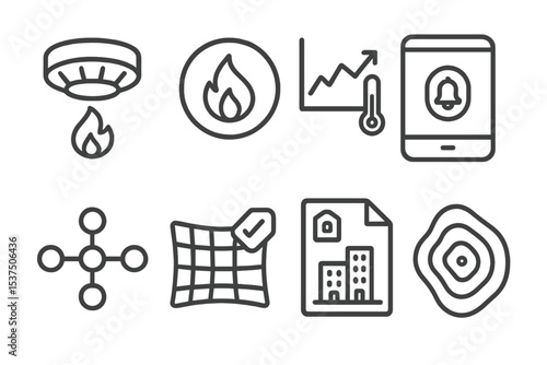 Urban Safety Icons. Line style icons of urban safety and smart infrastructure: fire detection sensor icon, early smoke badge,
