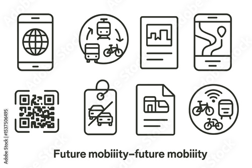 Future Mobility Icons. Line style icons of future mobility: integrated mobility app icon, multi-modal route badge, real-time