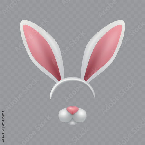 Vector Bunny Ears and Nose. Bunny Ears and Nose for Easter, Costume, Mask, Selfie Filter. Bunny Ears and Nose Clipart for Kids, Party, Cute Animal Design, Holiday, Decoration, Photo Booth, Fun