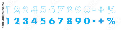 Blueprint font. Architectural typeface. Engineering sketch numbers. Technical drawing digits and symbols with construction lines and shading. Graphic vector illustration.