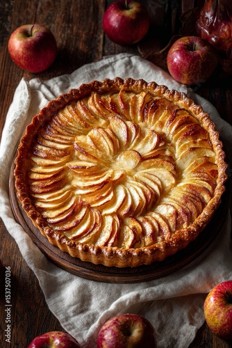 Delicious Apple Tart With Perfectly Arranged Slices on Wooden Table Surrounde...